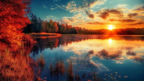 Digital painting of autumn lakeside sunset reflection study.