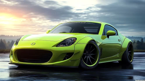 Lime green modified sports coupe on wet asphalt at sunrise.