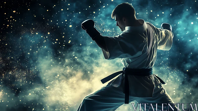 Karate black belt moves with focused power in glowing mist
