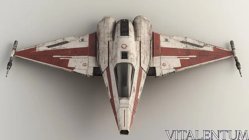 Starfighter with weathered red wings in calm overhead view.