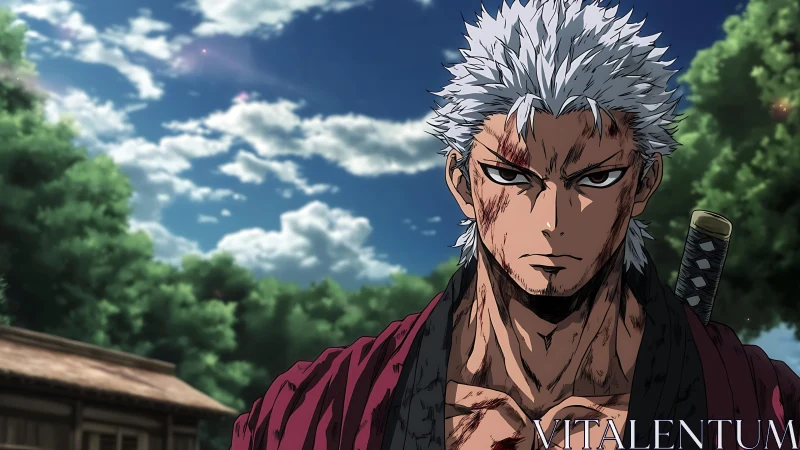 Scarred silver-haired swordsman under bright summer sky.