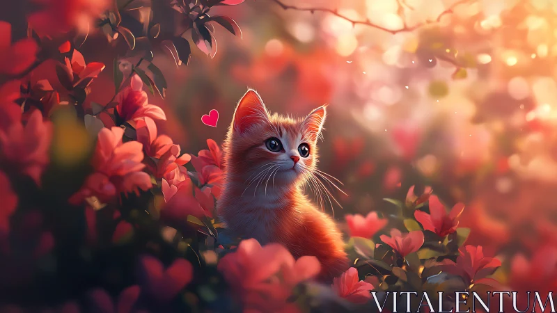 Kitten in Crimson Blossom Garden with Hearts.