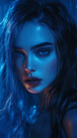Neon blue portrait highlights wet hair and glossy lips.