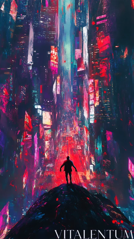 Lone figure facing neon vertical cityscape at night.