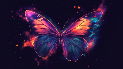 Neon cosmic butterfly spreads iridescent wings in void