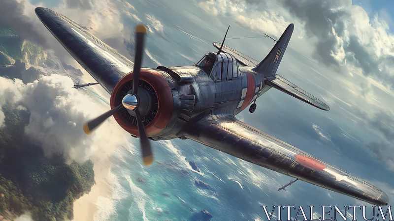 Wartime fighter plane banking above tropical coastline clouds.