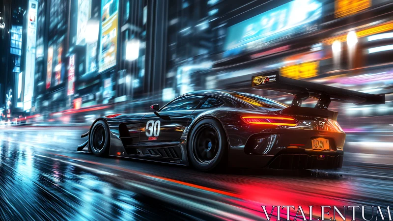 Race car accelerates through neon city street at night