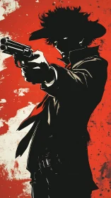 Gunmetal drifter in scarlet storm, framed in stark shadow.