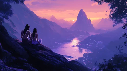Twilight lovers watching a violet river kiss the sun.