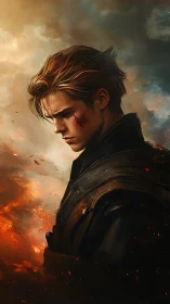 Scorched warrior in drifting embers and quiet regret.