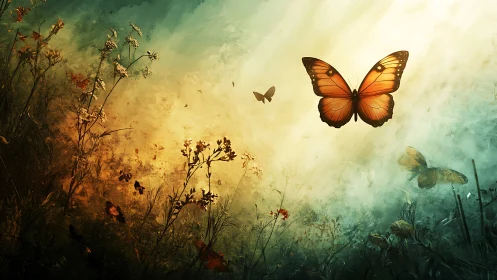 Butterflies over wild vegetation in diffuse gradient light.