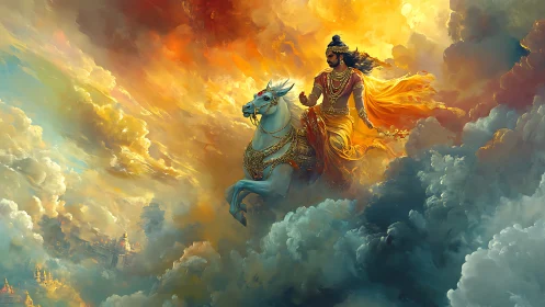 Mythic warrior riding celestial horse through radiant storm