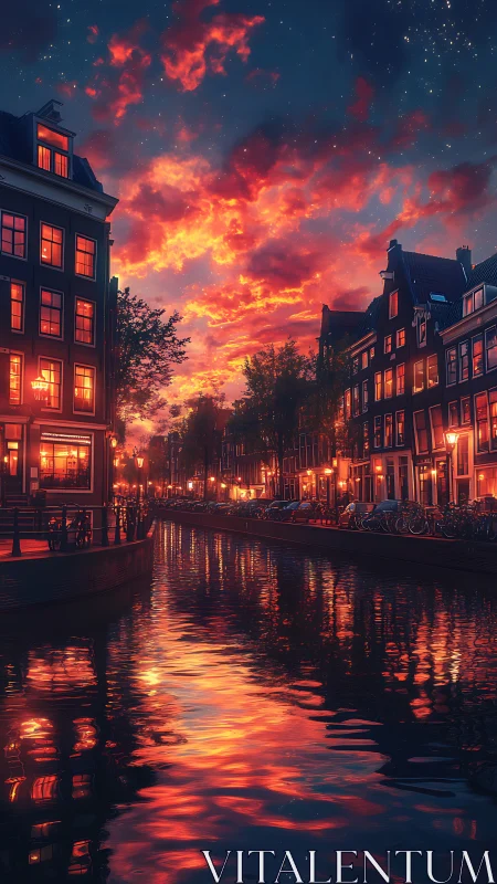 Luminous canal cityscape captures fiery twilight reflections