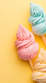 Pastel ice cream cones aligned on solid yellow background.