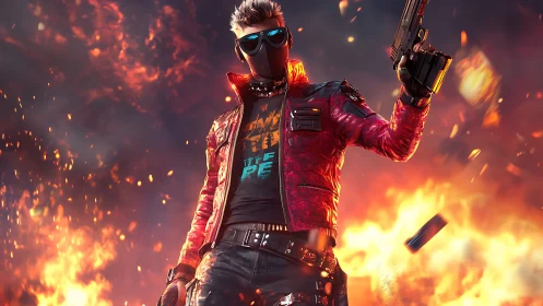 Masked cyberpunk gunfighter framed by explosive firestorm.