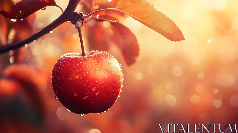 Sunlit dewy apple hanging in warm autumn orchard glow.
