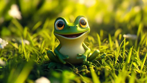 Smiling cartoon frog enjoys golden sunlight in lush grass