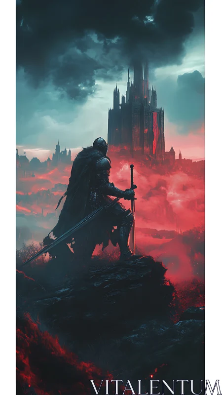Armored knight overlooking infernal citadel in crimson fog