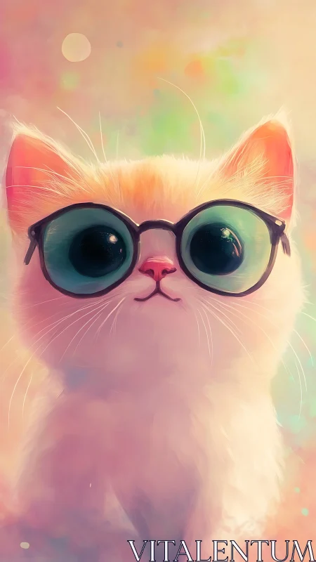 Fluffy white cat wearing oversized round glasses in pastel gradient environment