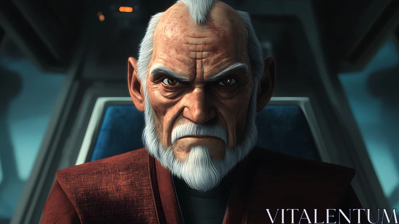 Stern white-bearded elder commands dark futuristic cockpit.