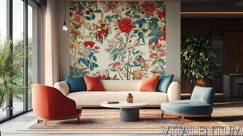 Floral mural lounge where garden drama meets daylight hush.