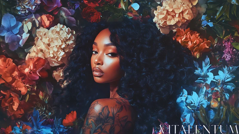 High-saturation floral portrait with glossy skin rendering and curls