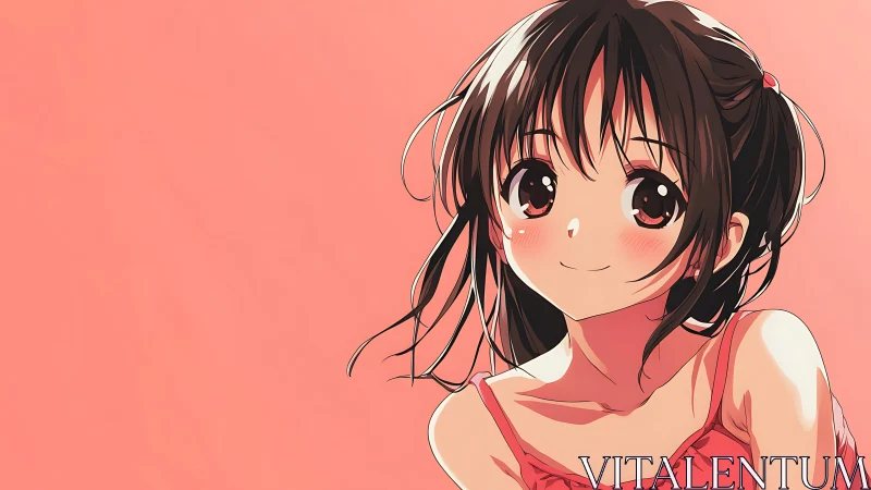 Anime portrait of dark haired girl on flat coral background.