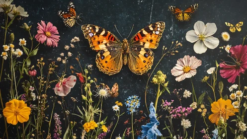 Monarch butterflies hover above wildflower meadow collage