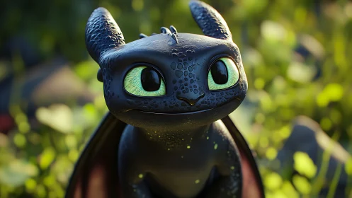 Wide-eyed forest dragonling gazes up with glossy curiosity