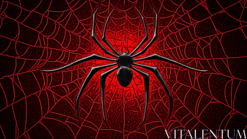 High contrast digital spider silhouette on red radial web field