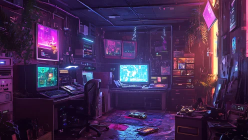 Neon hacker hideout humming with retro screens and secrets.