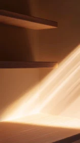 Golden sunlight pours across quiet wooden shelves at dawn