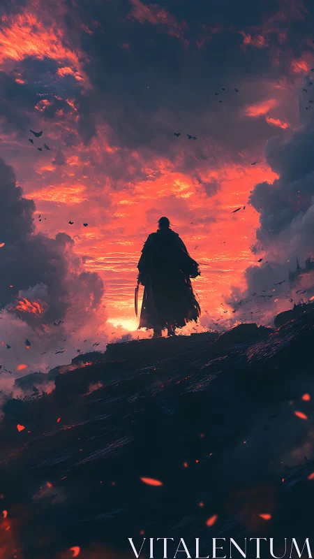 Lone cloaked warrior silhouetted against blazing crimson sky.