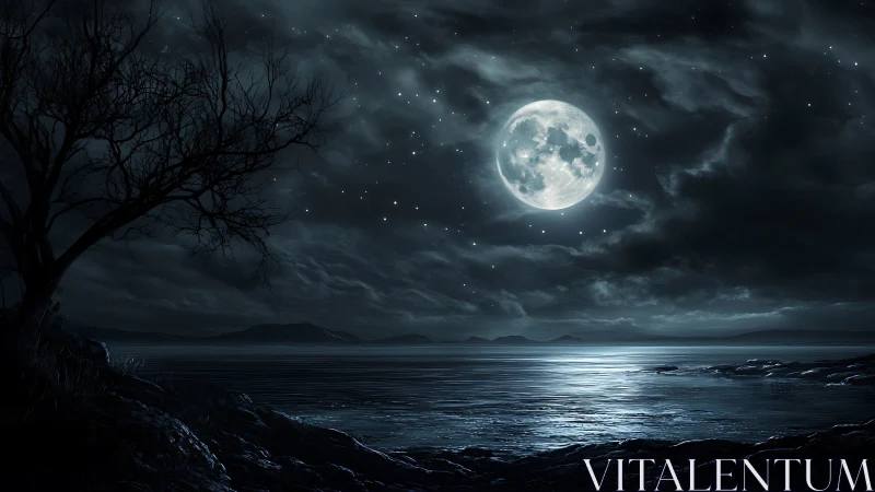 Digital moonlit seascape with silhouetted tree and clouds.