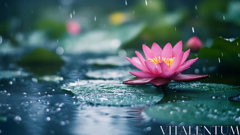 Pink water lily opens over wet lily pads in gentle rain
