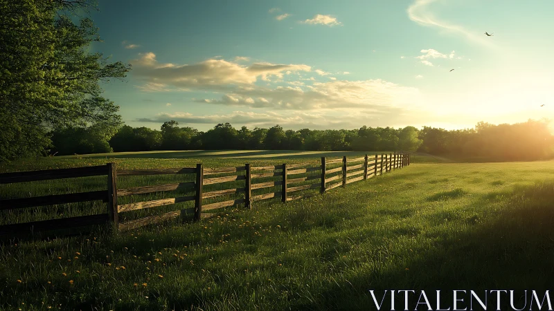 Wooden fence lines sunlit rural field at sunset.