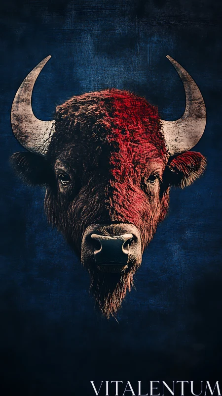 Bison portrait with red stripe on dark textured blue background.