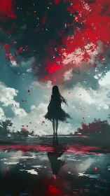 Silhouetted girl beneath crimson storm clouds in reflective pool