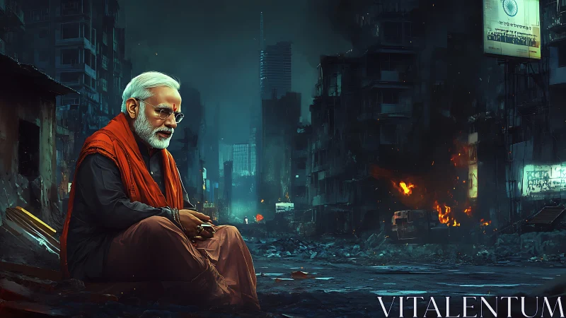 Solitary elder in ember-lit ruins of a fallen megacity.