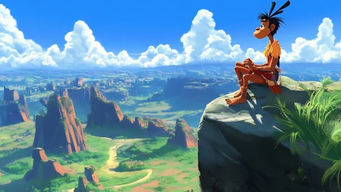 Tribal youth studies vast canyon landscape under high clouds