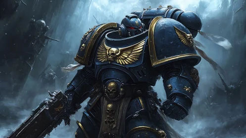 Armored space warrior advancing through icy war-torn ruins.