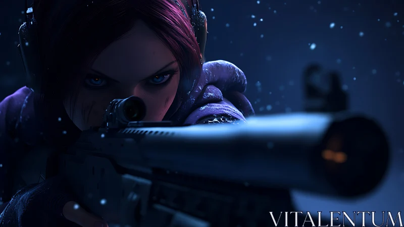 Frost-Eyed Sniper: Neon Crosshairs Through the Blizzard.