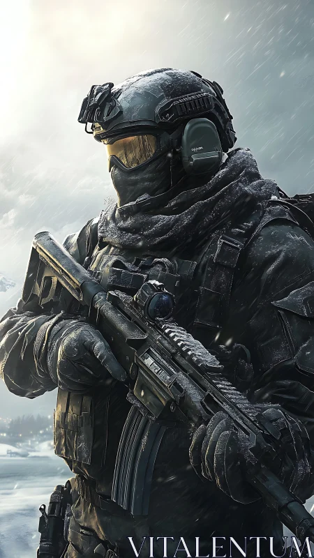Armored soldier holds rifle in cold, snow-covered environment