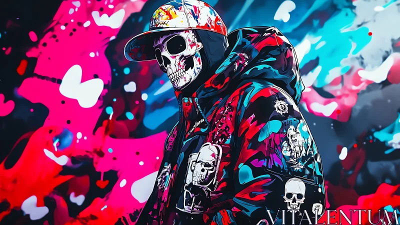 Skull masked figure in vivid streetwear against neon chaos.
