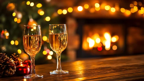 Sparkling holiday wine glows beside a crackling fireplace.