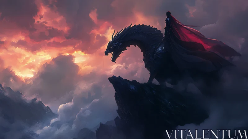 Armored rider and dragon silhouette dominate a storm-lit sky