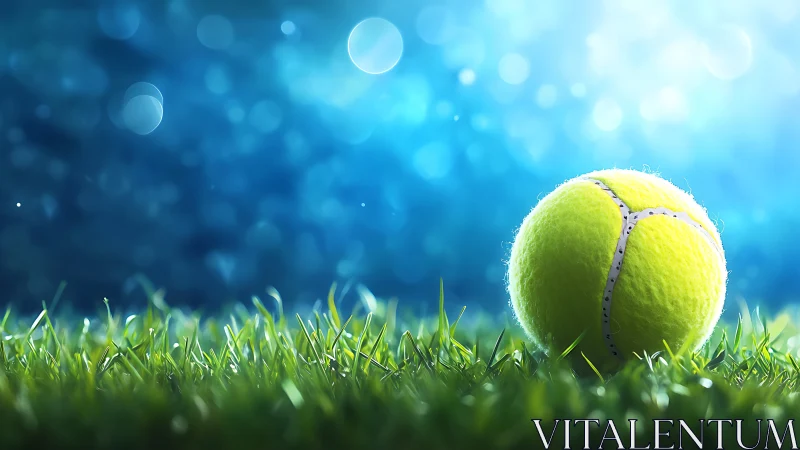 Luminous tennis ball dreaming on dewlit neon grass field.