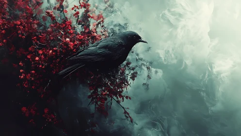 Midnight crow stitches scarlet blossoms into drifting mist