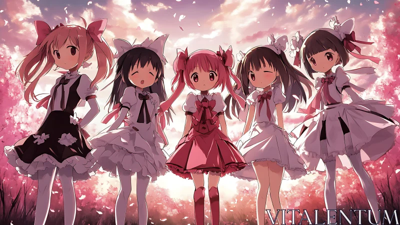 Anime ensemble of ribboned girls in cherry blossom backlight.