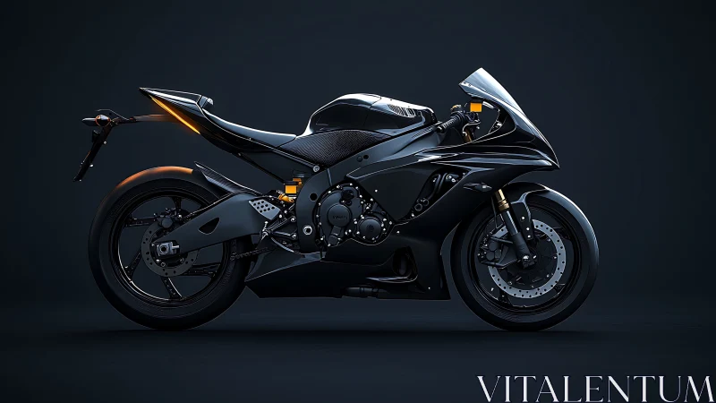 Sleek black sport bike glowing softly in the dark studio.